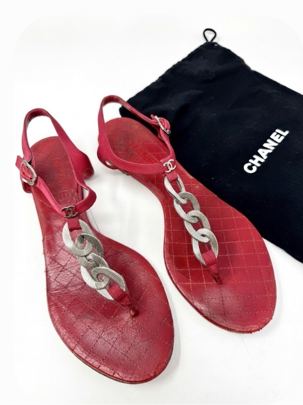 Chanel Vintage Red Quilted Leather Chain T strap Sandals with CC Logo Size 39.5